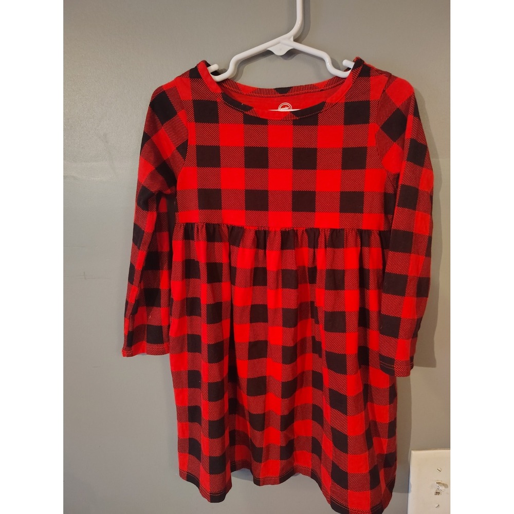 Wonder Nation Girls Red Black Buffalo Plaid Long Sleeve Empire Waist Dress 4T